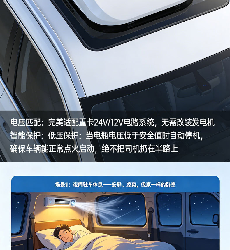 12V/24V Electric Rooftop Integrated Parking Air Conditioner for Trucks, Window-Mounted Refrigeration Inverter Air Conditioner for Heavy-Duty Trucks