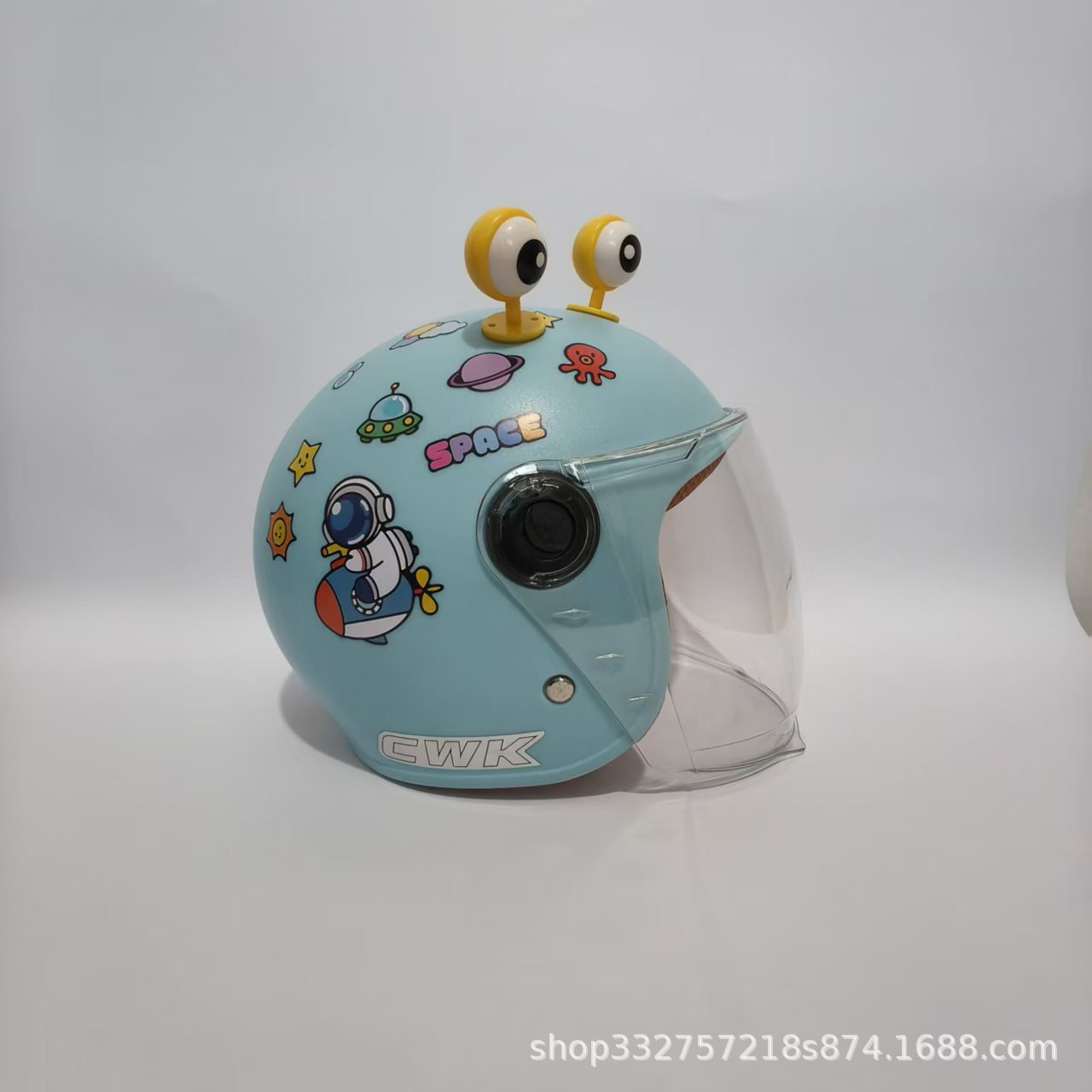 Motosiklet kaskı (dəbilqə) – Motuoche Motorcycle Safety Helmet - water-blue-rocket-transparent-long-visor-yellow-eyes-3c-children-1-6-years-old-wl07