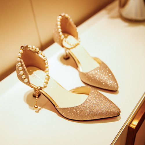 New wine glasses and single shoes 2024 summer beaded lady sandals with one-piece buckle hollow high heels pointed toe bridesmaid shoes
