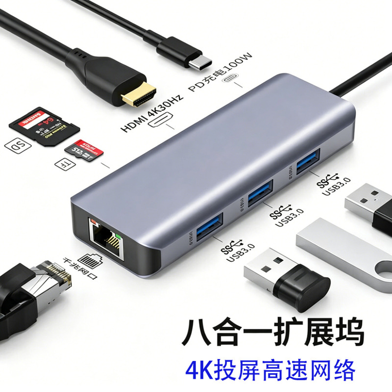 Type-C Docking Station Eight-In-One Usb-C to HDMI Gigabit Network Port Adapter Thunderbolt 4 Expansion Dock Card Reader
