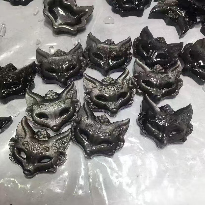 Natural Silver Obsidian Mask Pendant Necklace Crystal Fox Unisex_voghion.com