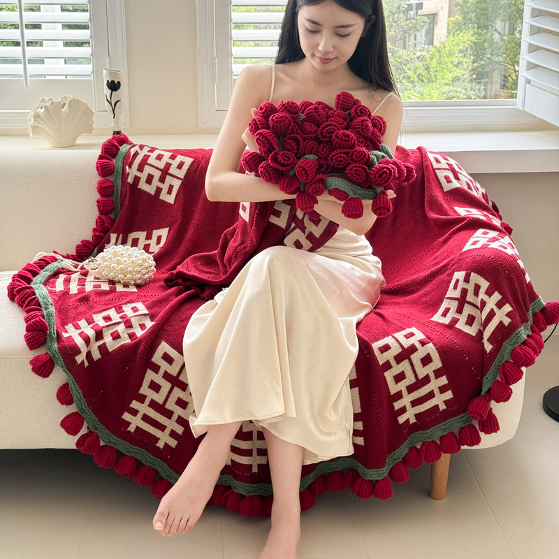 成品玫瑰花束毯子订婚结婚囍字针织毛毯午睡毯披肩盖毯婚庆鲜花毯|undefined