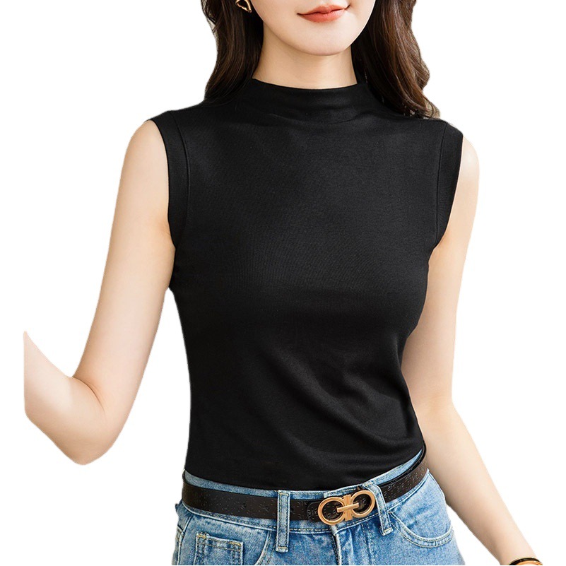 Camisola para mujer, nuevo estilo 2025, elegante camisa básica con cuello medio alto, color sólido, top sin mangas elástico.
