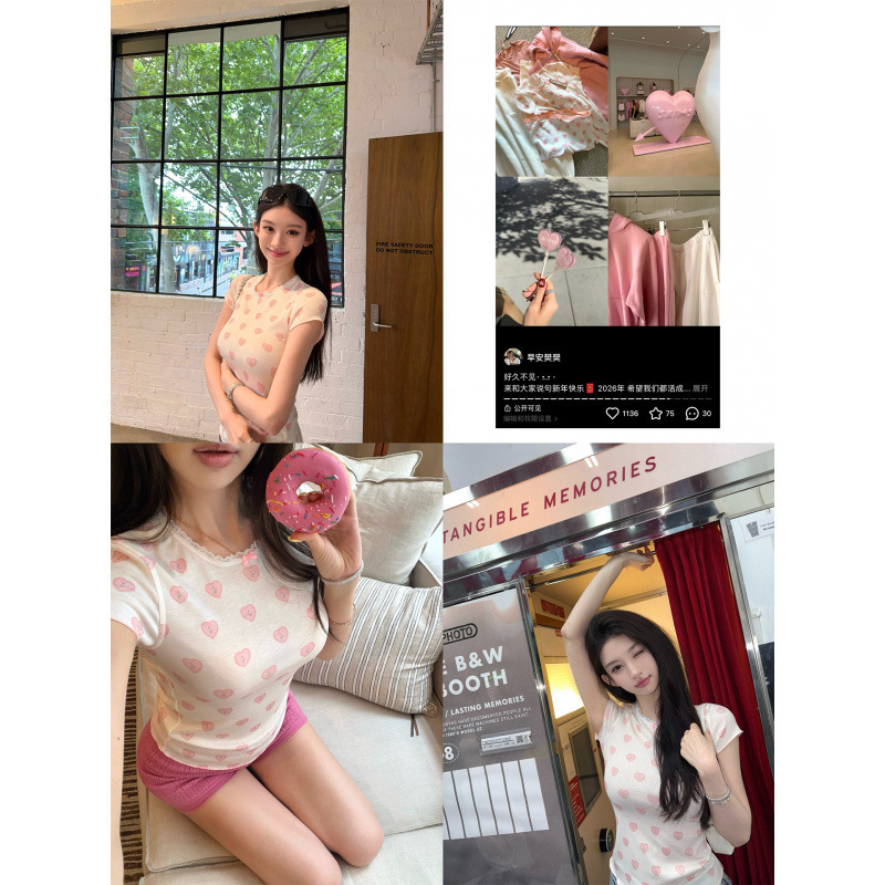 In-stock heart-printed U-neck sweet dress + regular shoulder lace short-sleeve T-shirt for women, summer sweet and spicy niche style