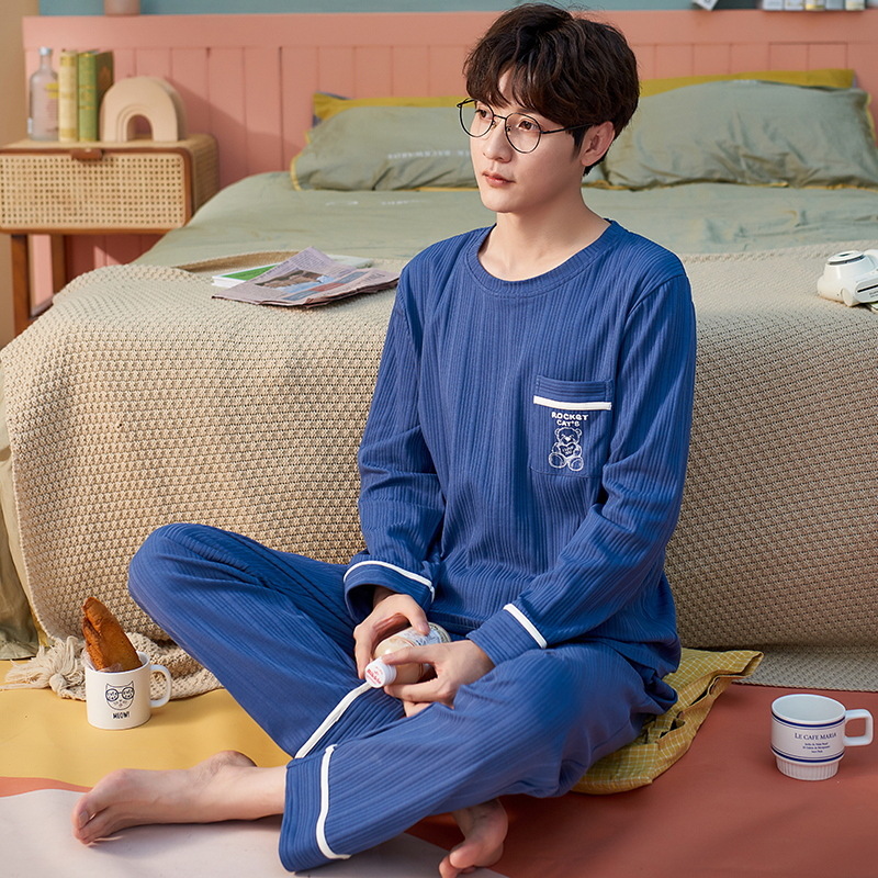 Jiao Caimeng pijamas de los hombres de primavera y otoño de algodón de manga larga traje de dos piezas más el tamaño suelto de los hombres jóvenes ropa de casa casual