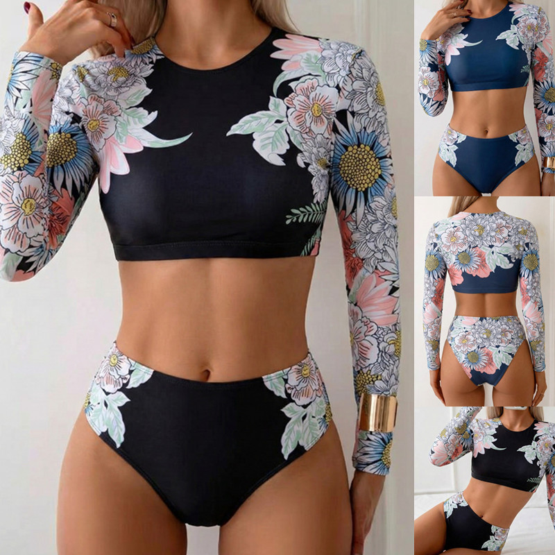 Completo bikini floreale a maniche lunghe da donna – Maglietta protettiva a collo alto e slip da bagno – Costume da bagno con protezione UV_voghion.com