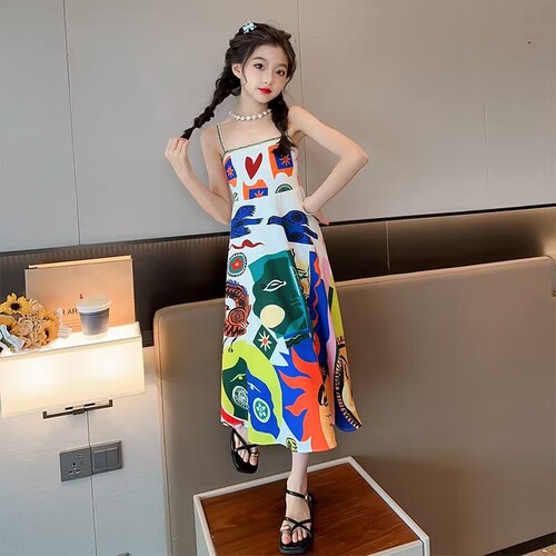 Girls retro ethnic style oil painting suspender dress children's summer seaside vacation beach dress sleeveless long dress trendy