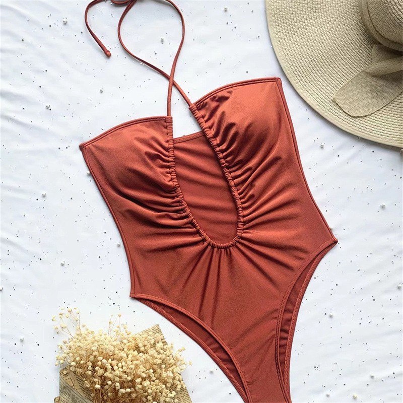2023 nuevo europeo y americano transfronterizo color sólido bikini Correa bikini personalizado sin espalda sexy traje de baño de una pieza para mujeres