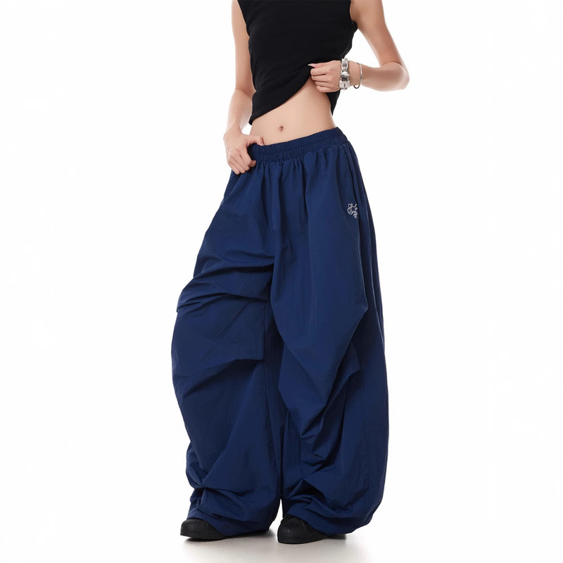 American High Street Red Cargo Parachute Pants for Women, Loose Casual Lazy Jazz Dance Wide-Leg Pants with Drape and Floor-Length