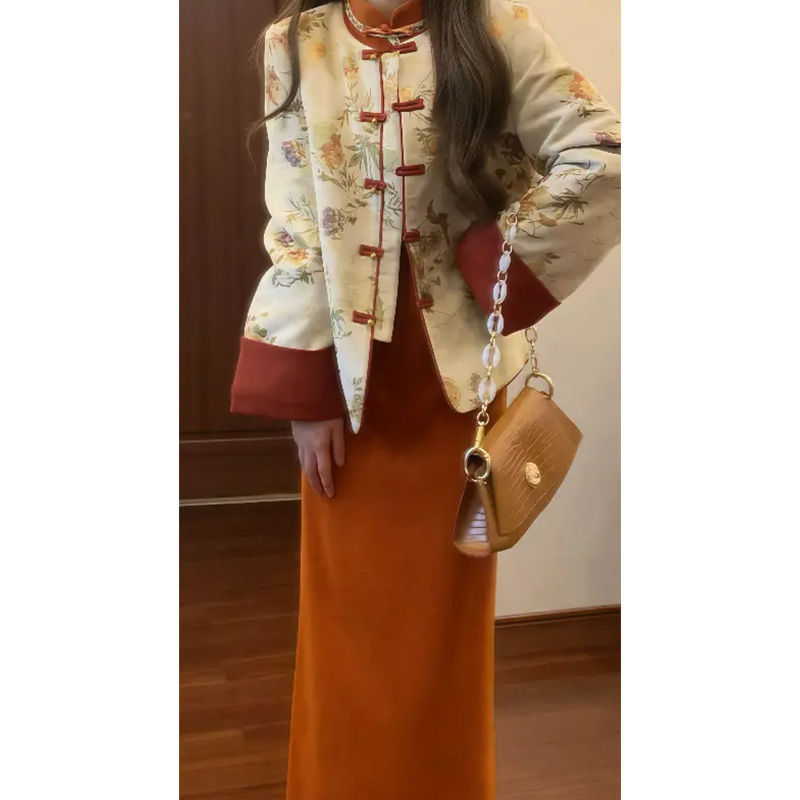 Quilted jacket + velvet and thickened dress