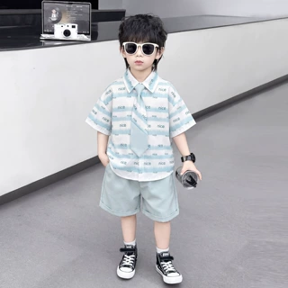 男童夏季套装沙滩度假风格宽松吸汗抗起球衬衫短袖三件套夏款套装