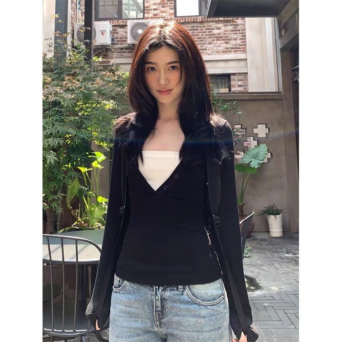 2025秋季假两件撞色长袖T恤女秋季修身显瘦打底衫百搭内搭上衣潮|undefined