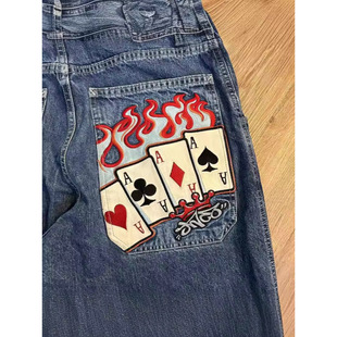 Trendy Hip-Hop Jeans Y2K Hip-Hop Retro Skateboard Loose Straight Pants Wide-Leg Pants Cotton Straight Long Pants