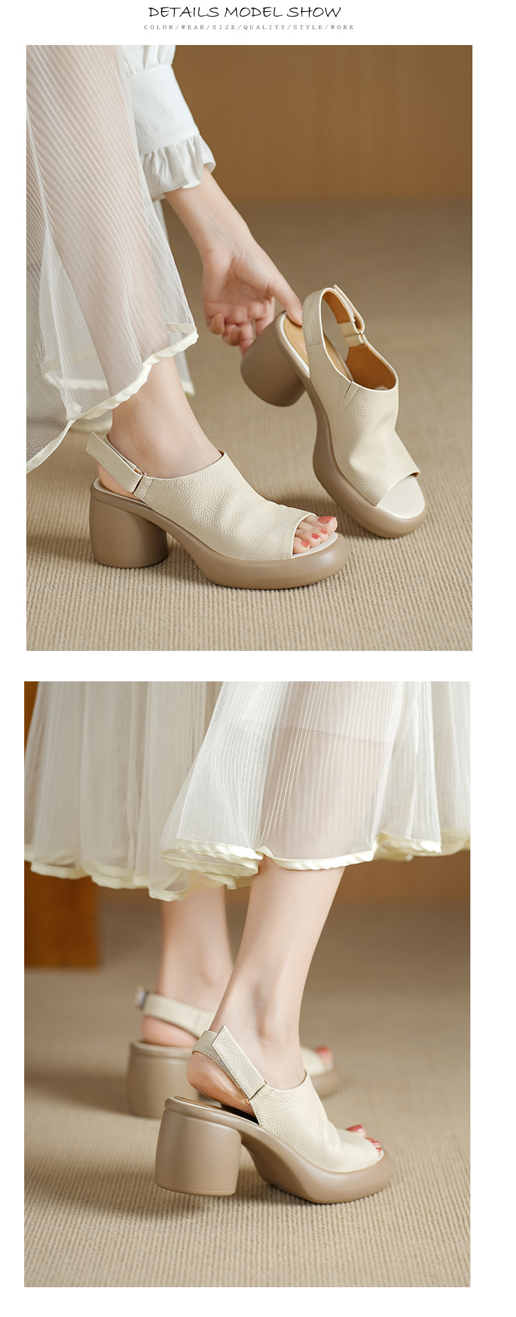 Sandal nữ cao gót mũi hở da cừu quai một từ khóa — màu trắng ngà chi tiết 10