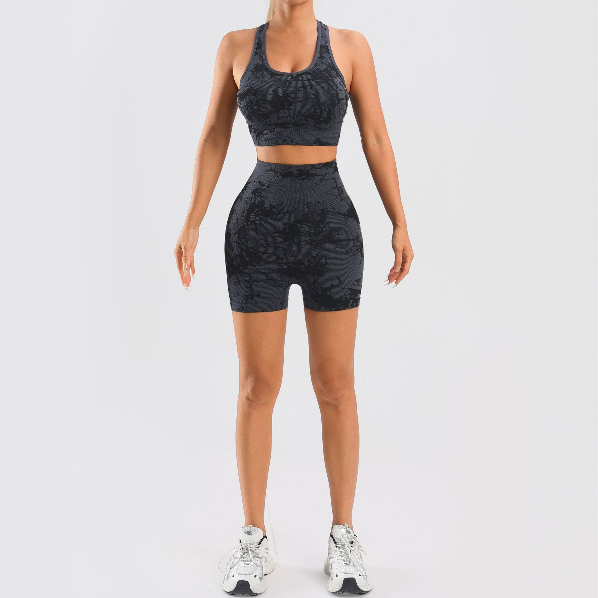 Traje deportivo de yoga jacquard de punto sin costuras transfronterizo, pantalones cortos deportivos de cadera de melocotón de secado rápido con almohadilla para el pecho, chaleco de pecho