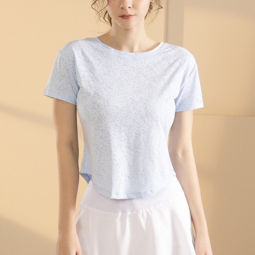 Summer New Slit Embroidered Short-Sleeve T-Shirt Loose Beautiful Back Top Slimming and Weight-Loss Quick-Drying Breathable Yoga Clothes for Women