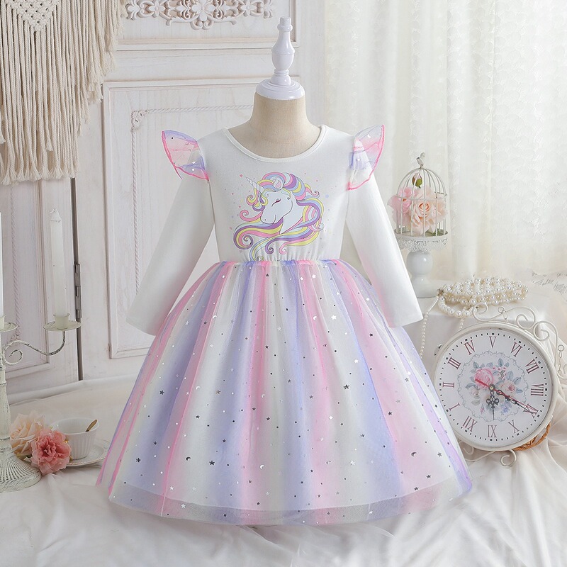 2025 Girls Dress Spring and Autumn Long Sleeve Unicorn Birthday Children's Clothes Children's Rainbow Dress Sequined Mesh Princess Dress