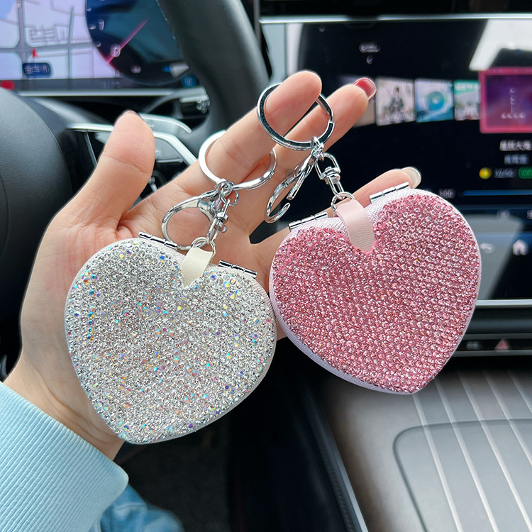 Creative clay diamond love mirror keychain portable folding makeup mirror car key chain bag pendant female