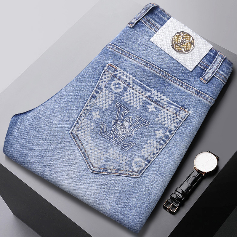 2025 New Classy Jeans Men's Spring and Summer Korean Style Stretch Letter Print Slim Small Straight Casual Pants