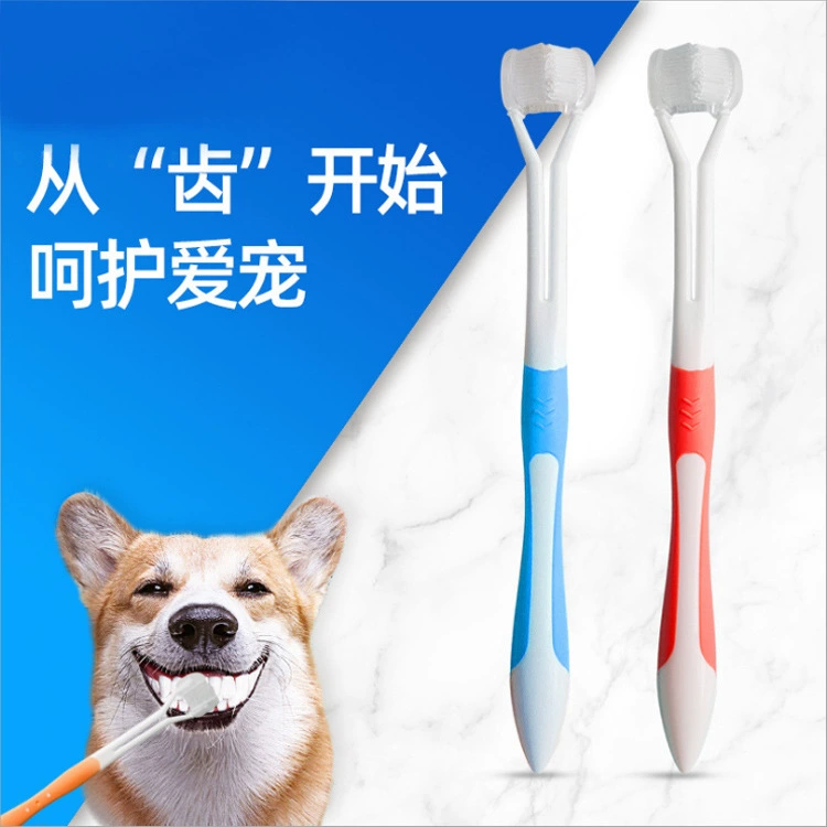 2100159 Двуглавая зубная щетка для домашних животных Трехголовый силиконовый рукав для пальцев Зубная щетка на 360 градусов Уход за полостью рта для кошек и собак