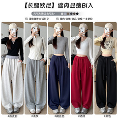 2025新品oi弯刀阔腿裤女秋季宽松高腰直筒休闲刺绣卫裤黑色宽绳运