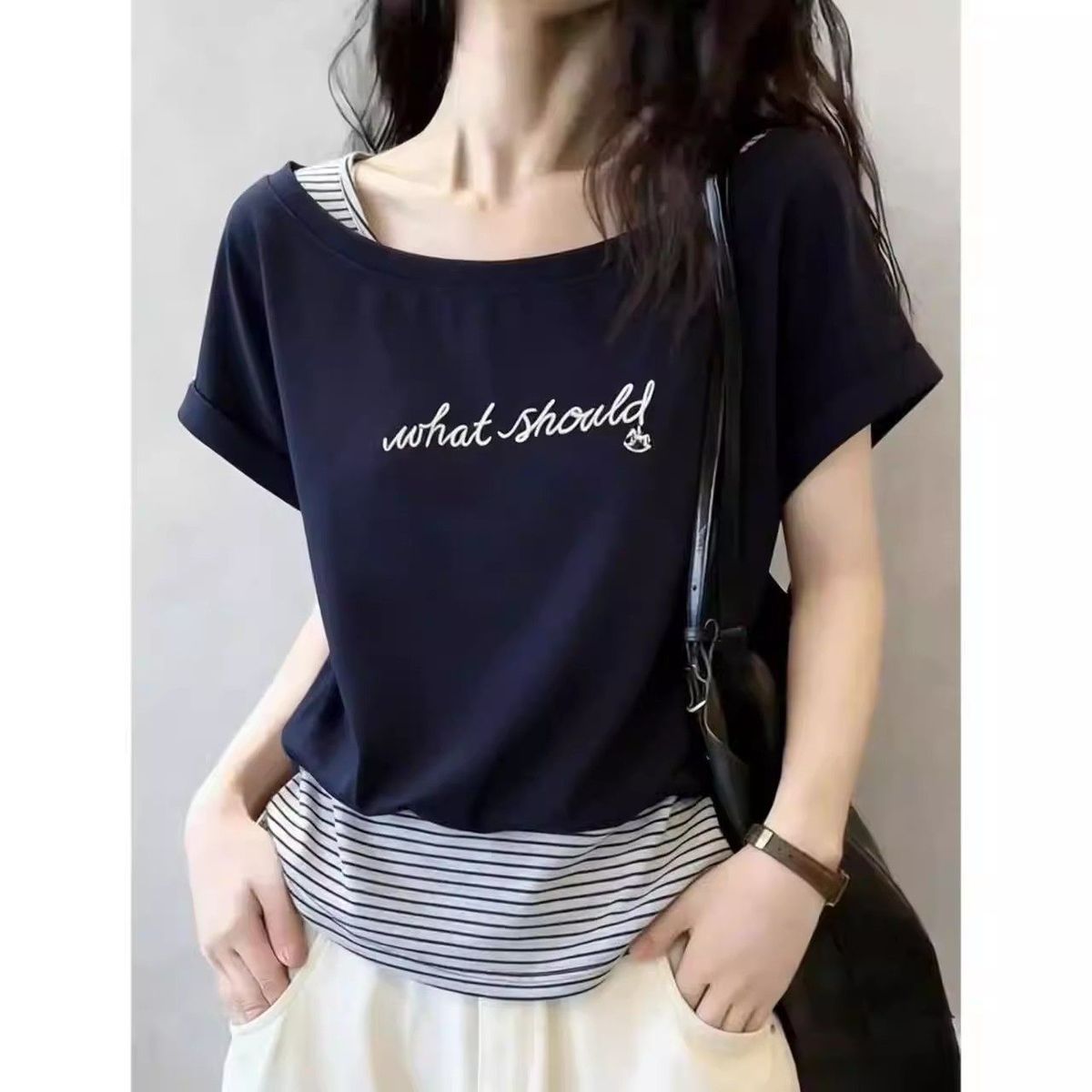 Short-Sleeved T-Shirt for Women 2026 Summer New Style Fake Two-Piece Spliced Striped Design Niche Stylish Slimming Top