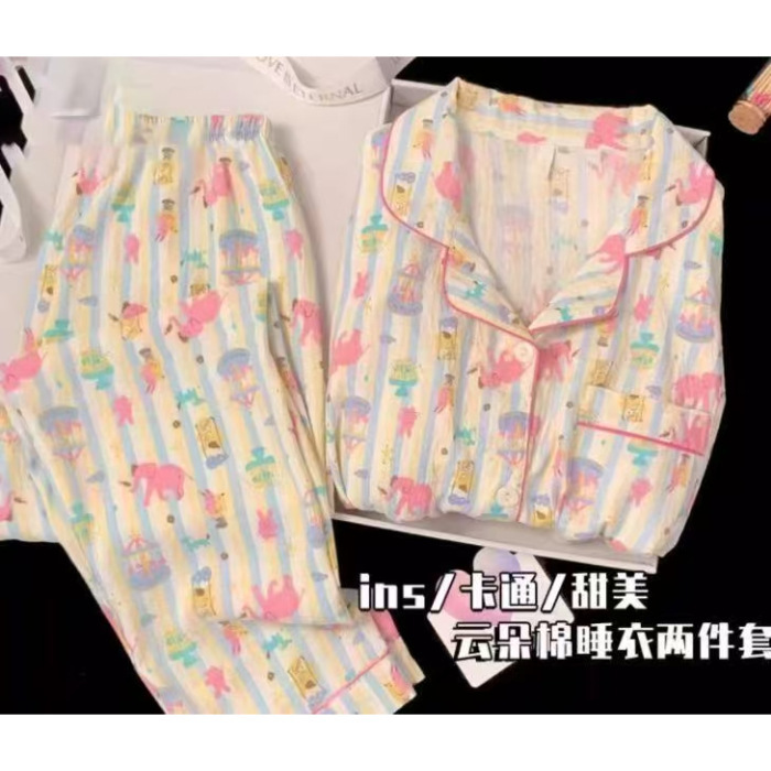 源头工厂长袖睡衣女春秋季云朵棉翻领开衫长裤家居服外贸抖音爆款|undefined