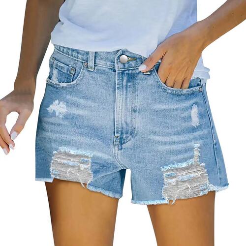 Factory High-Waisted Distressed Elastic Slim-Fit Chic Denim Shorts for Women