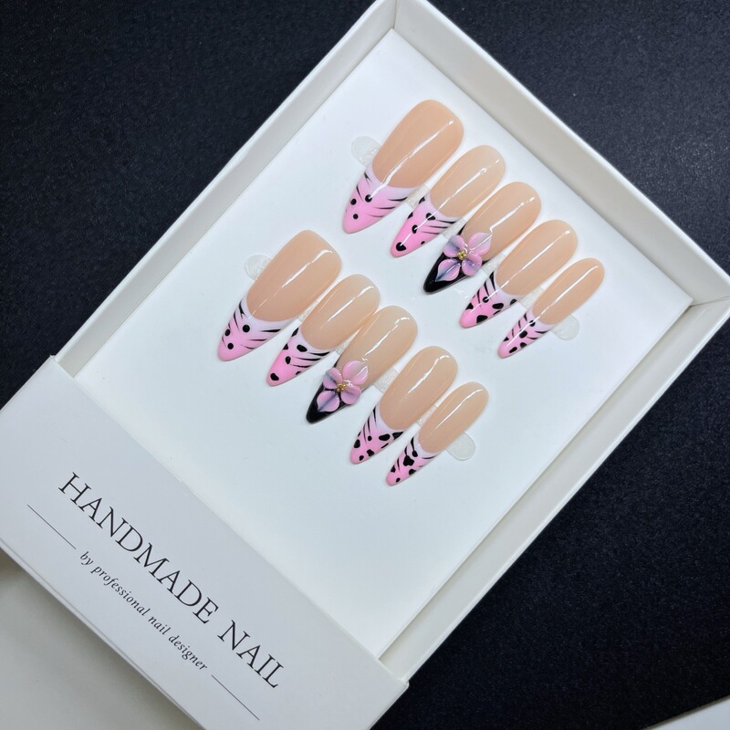 Purely Handmade Long Almond-Shaped Press-On Nails with Pink and Black Leopard Print, French Style 3D Floral Acrylic Base Nails, Wholesale
