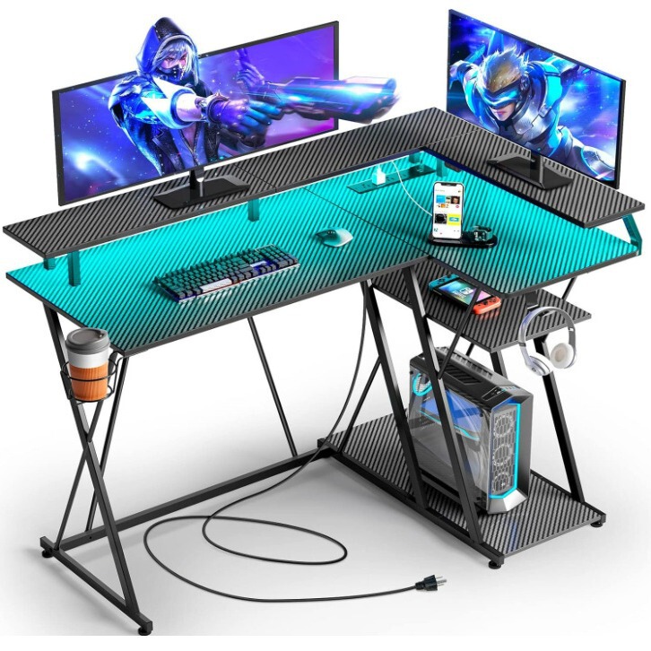 Reversible Corner Desk with Storage Shelves,Computer Desk with Monitor Stand,Gaming Desk with Cup Holder with Hooks Black