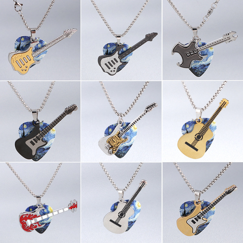 Punk Rock Guitar Pick Necklace Men's Trendy Niche Design Personalized Disco Hip-Hop Couple Pendant Accessories