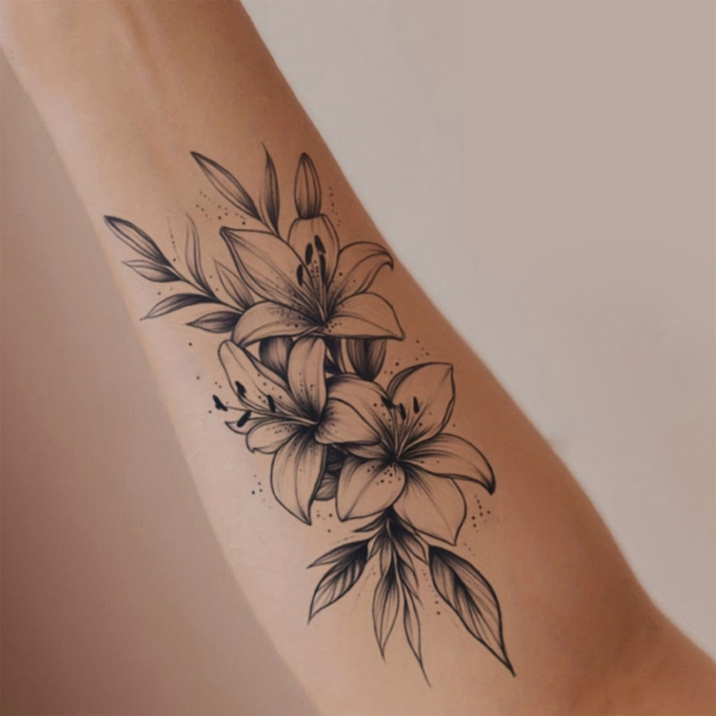 Dark Style Realistic Lily Cluster Tattoo Stickers, High-End Dot Design, Waterproof and Wear-Resistant, Personalized Arm Stickers