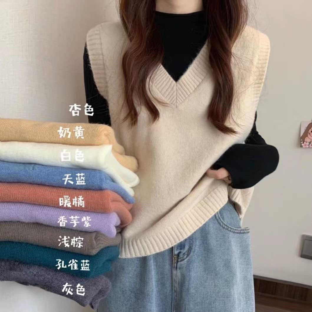 春秋新款马夹韩版宽松V领短款无袖坎肩毛衣外穿针织马甲背心女潮