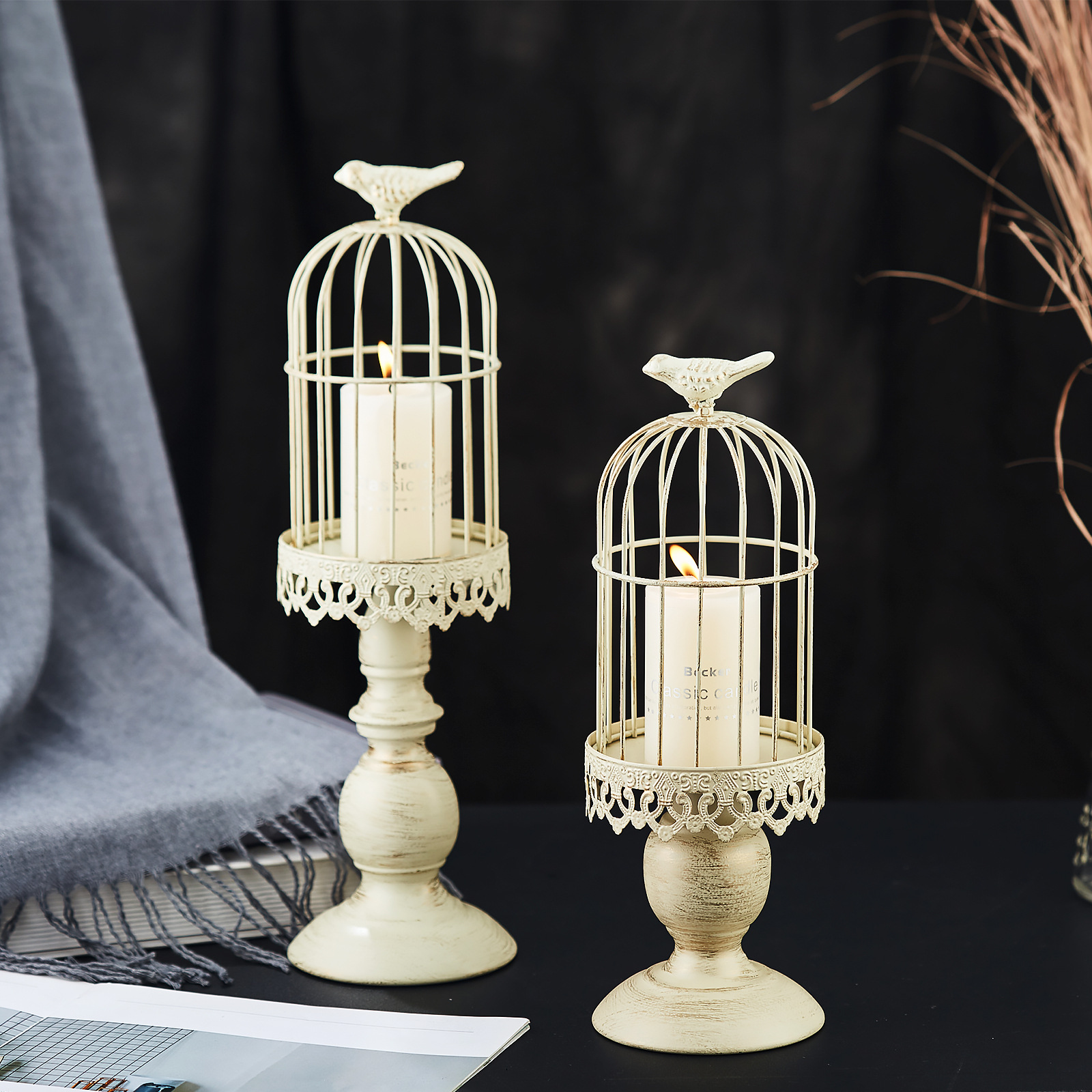 创意复古鸟笼烛台摆件欧式铁艺蜡烛台摄影婚庆餐厅道具跨境亚马逊