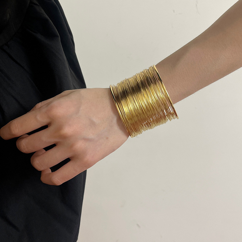 Sweet Cool Wind Middle Ancient Egyptian Gold Brushed Melaleuca Opening Bracelet Women's Multi-Layer Wide Edge Line Wrapping Arm Ring Bracelet