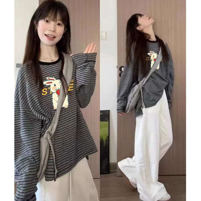 黑色纯棉条纹长袖T恤女秋冬2025新款洋气宽松慵懒风圆领百搭上衣|undefined