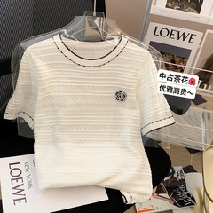 兄の家の新型2025夏の新型ツバキの花の氷糸の半袖のtシャツの婦人服の小さい香りの風の百合のニットの女性