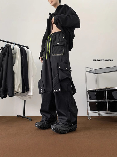 American street work pants for men and women, autumn and winter casual loose color-blocking pocket straight-leg tie-up wide-leg long pants, trendy