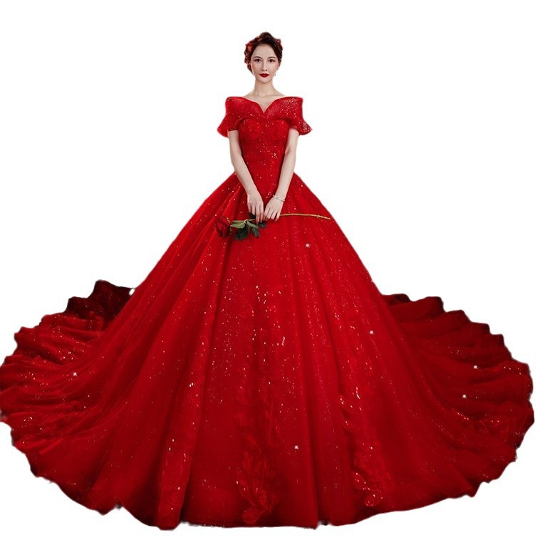 Vestido de novia principal de un solo hombro 2023 nueva novia Mori Red Super Fairy Dream Starry Sky French Light Luxury Cola