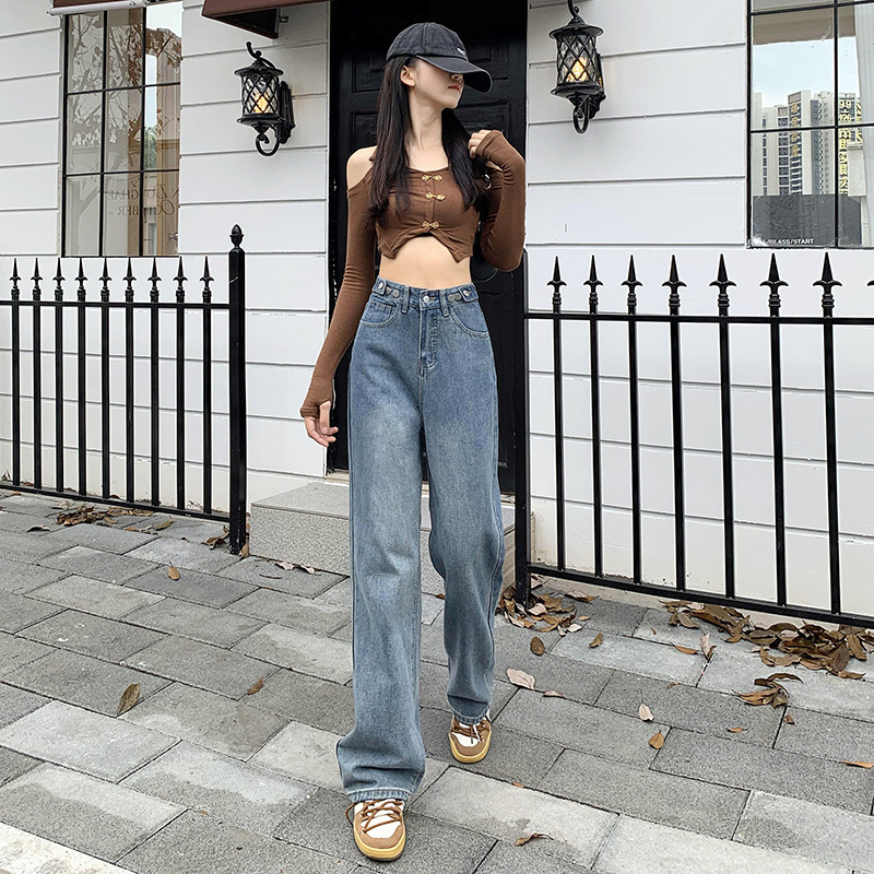 Adjustable Waistband Wide-Leg Jeans for Women, Autumn Loose Fit, Slimming High-Waisted Straight-Leg Floor-Length Pants, Casual and Versatile
