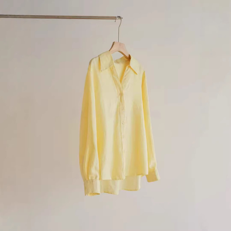 100% natural pure linen shirt, V-neck, naturally flowing long-sleeve shirt, yellow sun-protective women's top, jacket for spring and summer