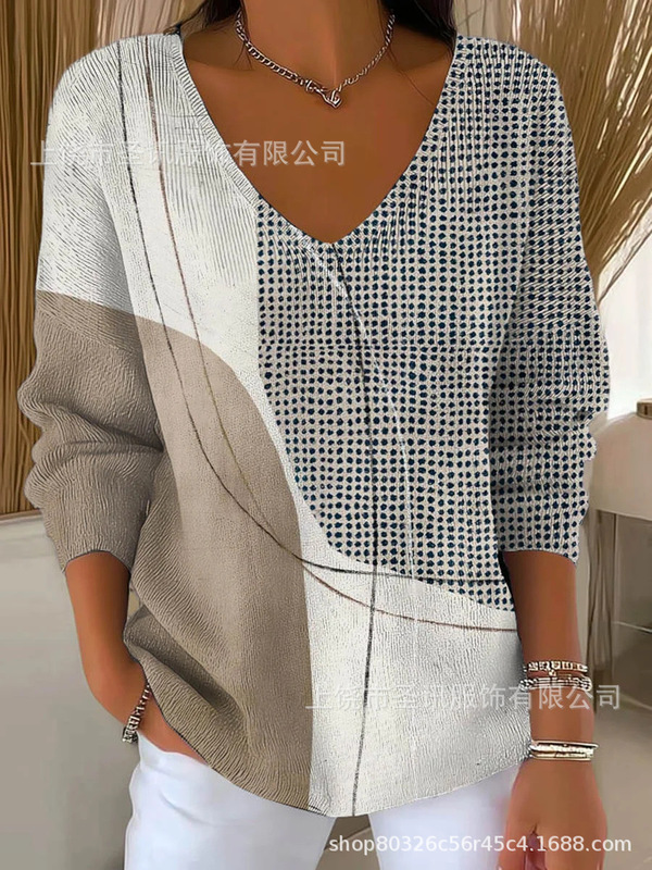欧美跨境独立站新款3D印花女士时尚渐变色V领长袖T恤上衣|undefined