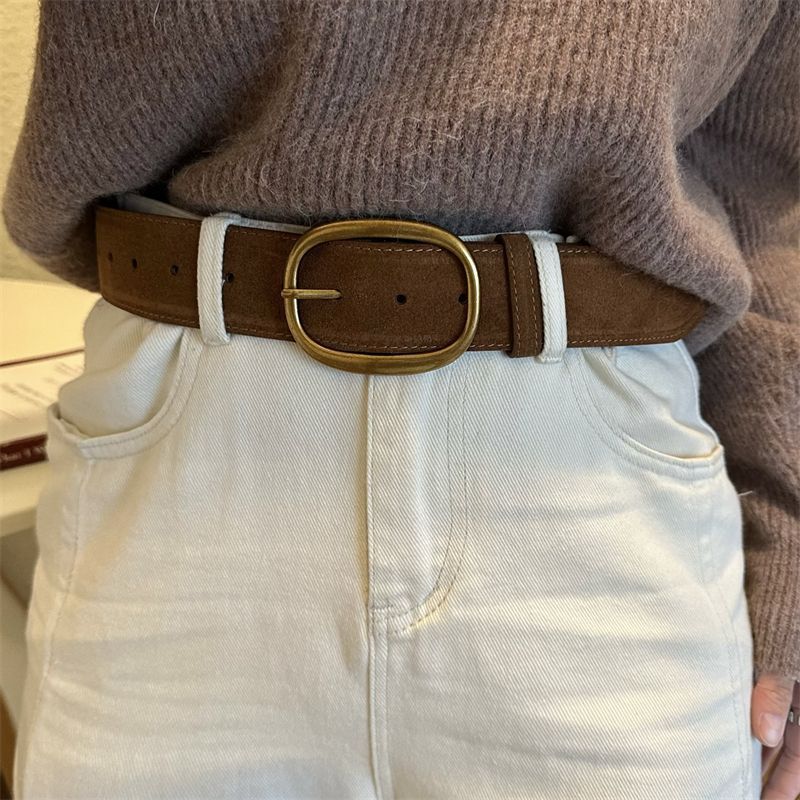 Wide Waist Belt For Coats Women's Retro Brown Gold Buckle Double Layer Cowhide Suede High-End Belt Autumn Winter New Arrival