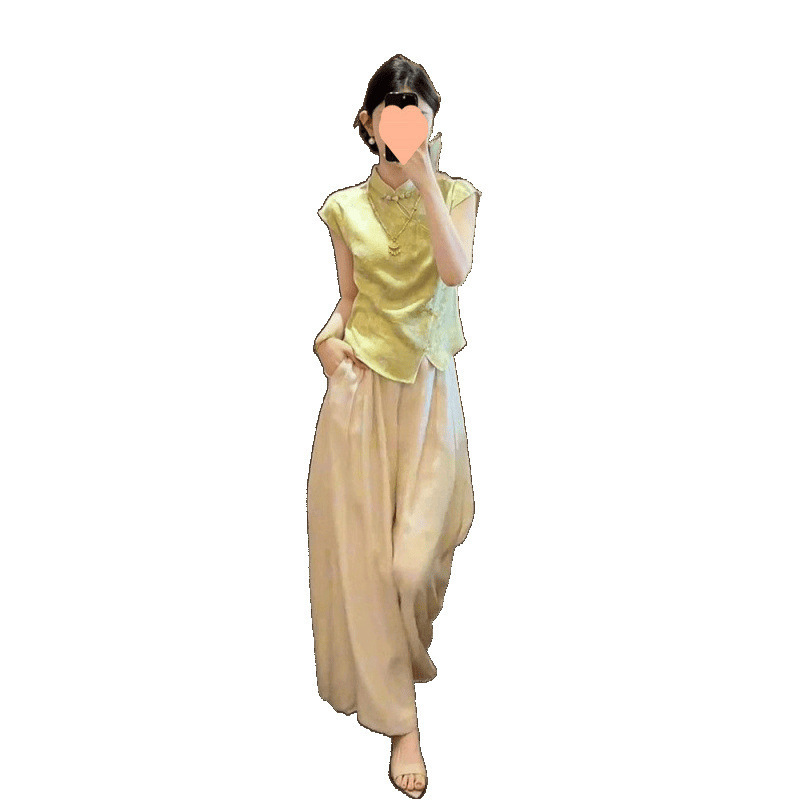 2025新款夏季缎面提花气质收腰显瘦上衣高腰阔腿长裤子女装套装|undefined