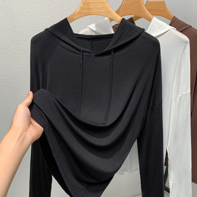 Suéter con capucha negro para mujer Primavera y otoño 2023 nueva ropa de mujer simple moda color sólido manga larga cordón camiseta image 6