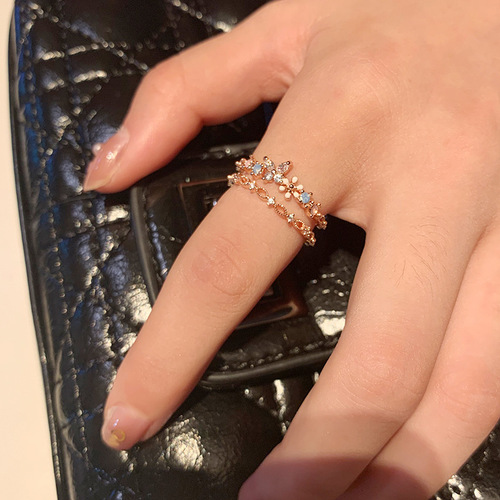 Korean style diamond flower open ring flower fairy super fairy temperament beautiful ins trendy adjustable index finger ring