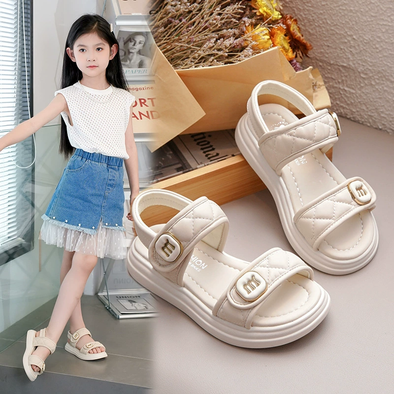 Сандалии для девочек, летняя детская обувь, коллекция 2024, детская пляжная обувь с открытым носком, детская модная повседневная обувь принцессы на липучке среднего и большого размера