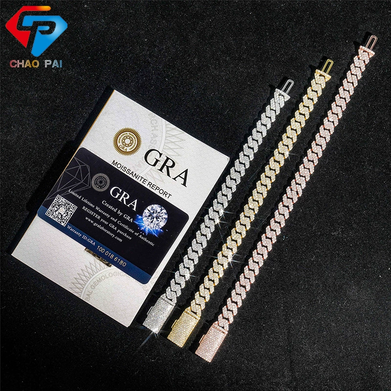 Трансграничная торговля Специально для 925 серебряных моассанов кубинская цепь 10 мм двойной ряд камня полный хип-хоп прилив ювелирное ожерелье