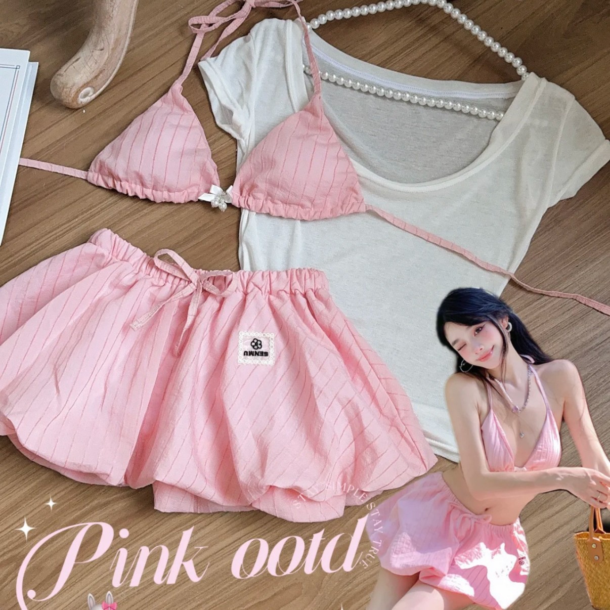 [Pure Stripes] Bikini Three-Piece Set for Girls, Cute, Fresh, Holiday Style Student Swimsuit Split Set