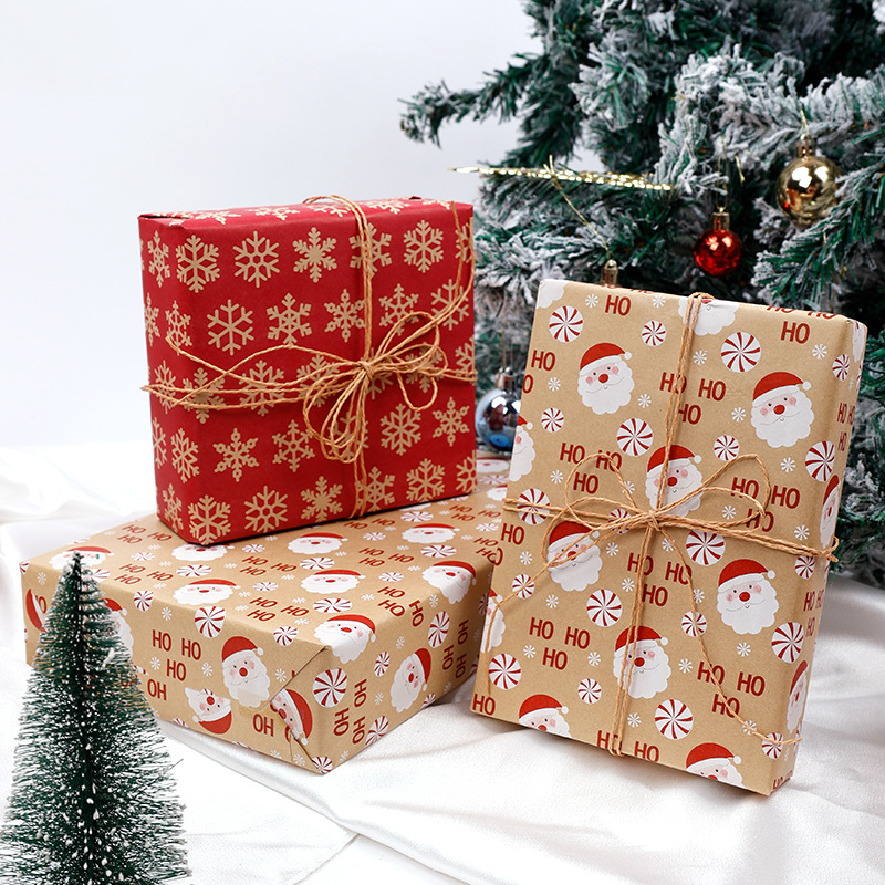 Estilo explosivo transfronterizo Papel enrollado de gran tamaño Papel de regalo de Navidad Papel kraft amarillo retro ecológico Papel de regalo de Navidad